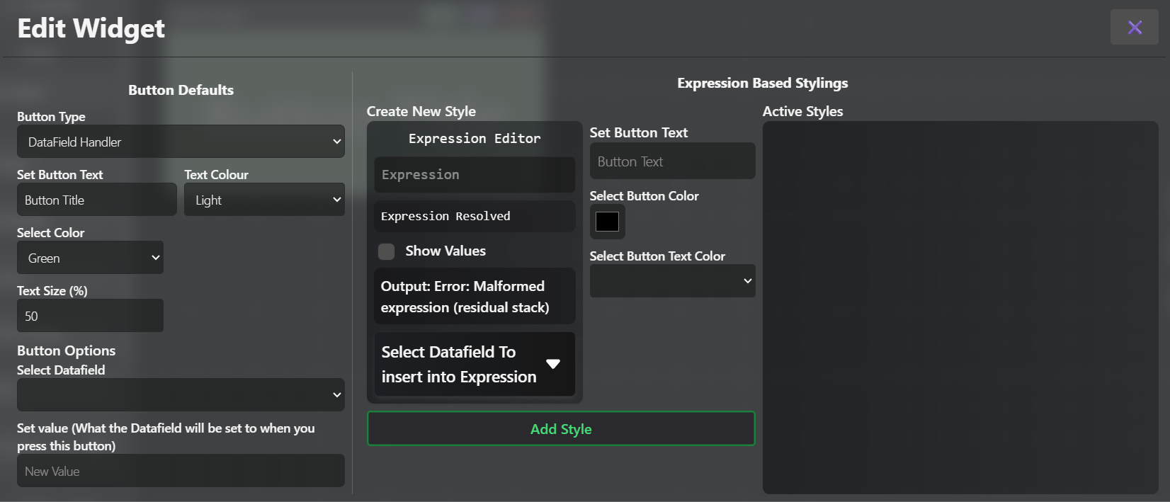 Button widget configuration screen